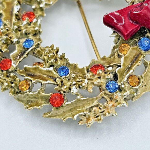 ART Christmas Wreath Brooch Vintage Enamel Signed Holiday Arthur Pepper Jewelry - Picture 3 of 11